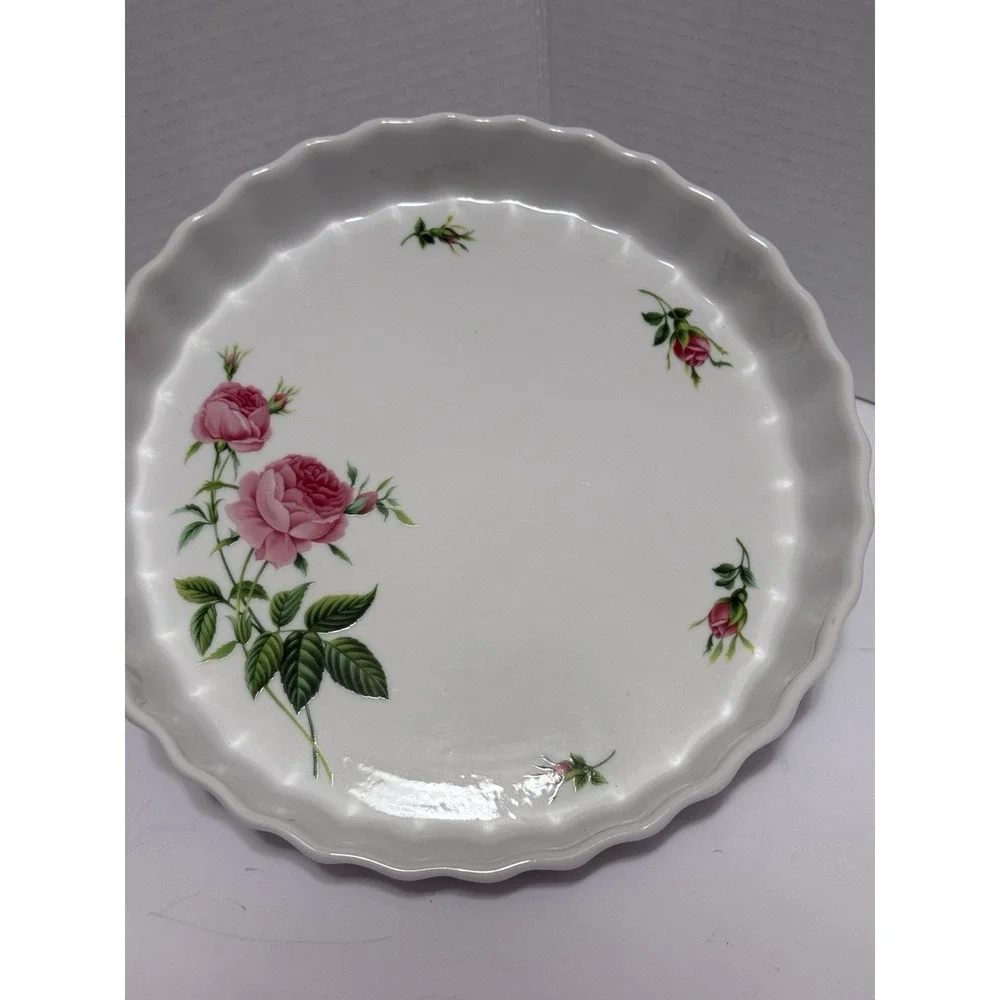 Pretty Pink Rose 9.5 Porcelain Fluted Quiche Tart Dish Christineholm VTG Cottage